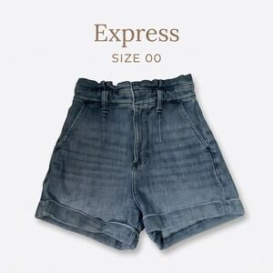 Express Super High Rise Shortie Paperbag Denim Shorts Medium Wash Blue Size 00